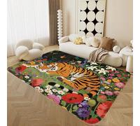 Alfombra Habitación Juventud Niño Niña Animales Jardín Tigre Leopardo Oso Zorro Gato Perro 3D Marrón Verde Alfombra Lavada para Sala de Estar, Antideslizante Tapetes de Juego, 160x200 cm, Color 3