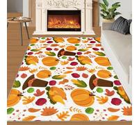 Alfombra Home Decoe de Acción de Gracias, Sombrero de Calabaza con Estampado de Pavo Blanco Abstracto y alfombras Lavables, aplicadas en el salón, Dormitorio, Comedor y Pasillo (120x180cm)