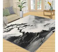 Alfombra Home Decoe de Estilo Chino, alfombras Antideslizantes Lavables de Lakes Mountains, Pintura a Tinta Blanca y Negra paisajes Naturales aplicados al Dormitorio del salón (80x150cm)