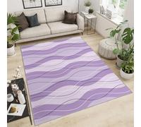 Alfombra Home Decoe del Dormitorio con Rayas de Ondas moradas, geometría Negra Blanca líneas Curvas Antideslizantes Lavables, aplicable al Dormitorio del salón (150x210cm)