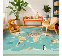 Alfombra infantil con mapa del mundo de 4 x 6 pies con animales, alfombra educativa lavable para niños pequeños, lindo animal global, con continentes y alfombra de vida silvestre nativa para