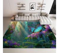 Alfombra infantil genérica para niñas y habitación infantil, franela, lavable a máquina, antideslizante, hipoalergénica, 160 x 230 cm, estilo mariposa bosque mágico, verde y morado