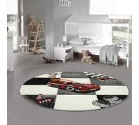Alfombra infantil para habitación infantil, diseño de coche de carreras, con contorno recortado, color gris, blanco y negro, tamaño 120 cm, redonda