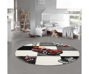 Alfombra infantil para habitación infantil, diseño de coche de carreras, con contorno recortado, color gris, blanco y negro, tamaño 120 cm, redonda