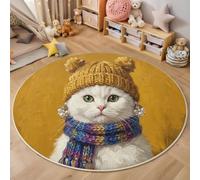 Alfombra Infantil Redonda Estilo De Pintura Al Óleo De Moda 200cm Alfombra de área Disfraz De Gato Lavable, Antideslizante, Muy Suave para Dormitorio de Niños y Niñas, Sala de Juegos, Amarillo Mostaza
