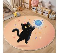 Alfombra Infantil Redonda Fiesta Navideña 200cm Alfombra de área Lindo Ovillo Lana Forma Gato Negro Lavable, Antideslizante, Muy Suave para Dormitorio de Niños y Niñas, Sala de Juegos, Carne En Polvo