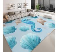 Alfombra Interior 60 x 90 cm Caballito De Mar Y Conchas En Acuarela Alfombra Impresión Modern, Azul Claro Habitación Suave Antideslizante - para salón Dormitorio y habitación Infantil Alfombrilla