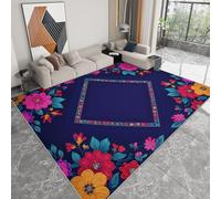 Alfombra Interior 90 x 150 cm Diamante Geométrico Borde Floral Alfombra Impresión Modern, Azul Oscuro Habitación Suave Antideslizante - para salón Dormitorio y habitación Infantil Alfombrilla