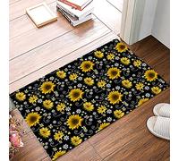 Alfombra Interior De Bienvenida Girasoles Y Abejas sobre Fondo Negro Doormat Rectangular Puerta Mat Lavable En Lavadora Felpudo para Hogares Fiesta Cocina 60X40Cm