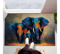 Alfombra Interior Familia De Elefantes Antideslizante y Absorbente, Felpudo de Entrada Pinturas Al Óleo Abstractas De Animales Alfombra Lavable en Lavadora para Pasillos, Cocina, Baño, 60x120cm, Azul