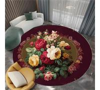 Alfombra Interior Redonda 100 cm Ramo De Flores Retro Rosas Peonías Alfombra Redonda Impresión Modern, Burdeos Habitación Suave Antideslizante - para salón Dormitorio y habitación Infantil Alfombrilla