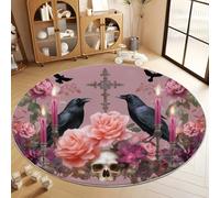 Alfombra Interior Redonda 120 cm Cuervo De Halloween Rosas Calavera Alfombra Redonda Impresión Modern, Rosa Habitación Suave Antideslizante - para salón Dormitorio y habitación Infantil Alfombrilla