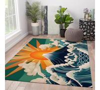 Alfombra Japonesa Estilo Ukiyo-E alfombras Suaves y Antideslizantes Mount Fuji Wave Rising Sun con patrón de Sol Alfombra para Dormitorio salón Oficina en casa 200x250cm