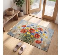 Alfombra Jardín Campestre Antideslizante Lavable en Lavadora, 40x60cm | Felpudo de Entrada Ramo De Amapolas Y Flores Silvestres con Microfibras Suaves Absorbentes para Perro, Entrada, Puerta y Pasillo
