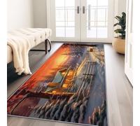 Alfombra Larga Y Estrecha Campos Rurales Casas De Madera Ciervos 80X240 Cm Blanco, Lavable Y Antideslizante - Ideal para Pasillo, Cocina O Dormitorio, Suave, Duradera Y Fácil De Mantener