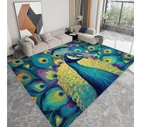 Alfombra Lavable 120 x 170 cm Pintura al Óleo Animales Pavo Real Plumas, Pelo Corto Antidesprendimiento Antideslizante Verde Azulado - Alfombra Estampada para Salón Dormitorio Oficina Sala de Juegos