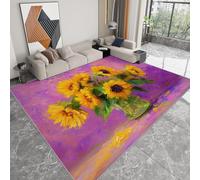 Alfombra Lavable 120 x 170 cm Pintura al Óleo Botánico Floral Girasoles para Salón, Alfombra Antideslizante Resistente Violeta Dorado - Moqueta Moderna para Habitación Infantil Sala de Juegos