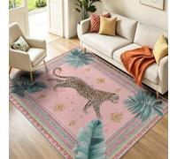 Alfombra lavable 120 x 170 cm, Tropical Boheme, pelo corto, antideslizante, estampado de leopardo Palmas Paisley Alfombra para sala de estar, dormitorio, comedor, oficina, habitación infantil