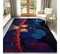 Alfombra lavable 180 x 240 cm, camino de placas de piedra, campo de flores, alfombra para habitación infantil, casa de fantasía, antideslizante, pelo corto, fácil de limpiar, para salón, dormitorio