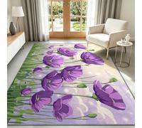 Alfombra lavable 180 x 240 cm, color lila, campo de amapolas, pelo corto, plantas de acuarela, para habitación infantil, antideslizante, suave, fácil de limpiar, para salón, dormitorio, cocina