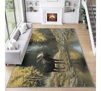Alfombra lavable 60 x 90 cm alce arroyo bosque alfombra de pelo corto, animales naturales para habitación infantil, antideslizante, suave, fácil de limpiar, para salón, dormitorio, cocina