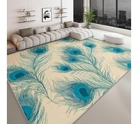 Alfombra Lavable a Máquina 120 x 170 cm Vintage Tradicional, Pelo Corto Antidesprendimiento Antideslizante Turquesa Plumas de Pavo Real Rayas - Alfombra Estampada para Salón Dormitorio Cocina Pasillo