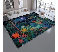 Alfombra Lavable a Máquina 120 x 180cm - Antideslizante Suave de Pelo Corto Dibujo Animado Bosque Encantado Plantas Flores Estampado Alfombra para Salón Entrada Comedor Decoración, Verde Oscuro