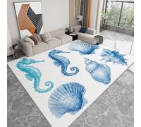 Alfombra lavable a máquina 180 x 240 cm vintage, Pelo corto antidesprendimiento antideslizante océano concha caballito de mar - Alfombra estampada para salón dormitorio cocina pasillo oficina