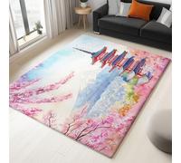 Alfombra Lavable a máquina 200 x 290 cm, Estampado Monte Fuji Flor De Cerezo Torre, antibacteriana y Antideslizante Base Resistente a Las Manchas Alfombra para salón Dormitorio u Oficina, Rosa Azul