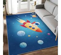 Alfombra lavable a máquina de dibujos animados de 60 x 90 cm para sala de estar, alfombra antideslizante con estampado de anime, planetas espaciales, cohete y astronauta, alfombra súper suave para