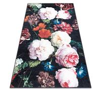 Alfombra lavable ANDRE 1629 flores vintage antideslizante - negro / rosado 80x150 cm