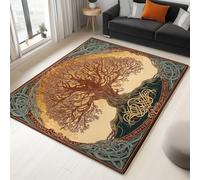 Alfombra Lavable Antideslizante Marrón Claro, Pelo Corto Estampada Árbol Celta de la Vida Decorativa, Alfombra Rectangular para Salón, Dormitorio Cocina Entrada 60 x 90 cm