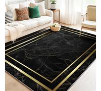 Alfombra Lavable Antideslizante Negro Dorado de Pelo Corto Estampada y Decorativa Lujoso patrón de mármol Borde, Alfombra Rectangular para Salón, Dormitorio o Cocina 60 x 120 cm