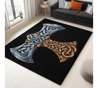 Alfombra Lavable Antideslizante Negro, Pelo Corto Estampada Martillo Vikingo Celta Decorativa, Alfombra Rectangular para Salón, Dormitorio Cocina Entrada 60 x 90 cm
