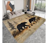 Alfombra lavable antideslizante retro de granja 160 x 230 cm, alfombra de pelo corto bosque veta de madera oso silueta para salón dormitorio oficina o habitación infantil corredor fácil de limpiar