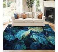 Alfombra Lavable Azul Oscuro Verde, Pintura Al Óleo Jungla Hojas De Monstera Suave Franela Alfombras de Área 100 x 150 cm - Antideslizante Alfombra para Habitación Infantil de Interior Sala de Estar