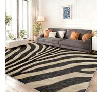 Alfombra Lavable Beige Negro, Estampado Animal Raya De Cebra Pelo Corto Suave Franela Alfombras de Área 120 x 180 cm - Antideslizante Alfombra para Habitación Infantil de Interior Sala de Estar