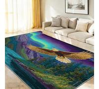 Alfombra lavable con diseño de animales, color morado y verde, para sala de estar, diseño retro de águila dorada y aurora boreal, 160 x 230 cm, para dormitorio, antideslizante, suave, para sala de
