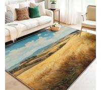 Alfombra Lavable con Estampado Casas Rurales De Estilo Vintage Colinas Campos, Amarillo Grande Rectangular Alfombra Antideslizante Suave de Pelo Corto para salón Dormitorio o Pasillo, 100 x 150 cm