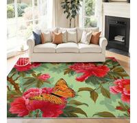 Alfombra Lavable en Lavadora para Niños y Mascotas, Verde Clásico Chino Florales Peonías Animales Mariposas, Alfombra Pelo Corto para Sala de Estar y Pasillo, 40 x 60 cm, Sin Atrapamiento de Suciedad
