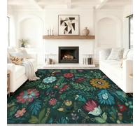 Alfombra Lavable en Lavadora para Niños y Mascotas, Verde Oscuro Etnicidad Arte Vibrante Floral Hoja, Alfombra Pelo Corto para Sala de Estar y Pasillo, 60 x 90 cm, Sin Atrapamiento de Suciedad