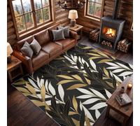 Alfombra lavable impresa 60 x 110 cm negro oro alfombra salón | dormitorio, cocina, oficina, cuarto de baño, moderno minimalista hojas de rama botánica, lavable a máquina, pelo corto, antideslizante