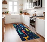 Alfombra lavable para pasillo de 80 x 180 cm, color azul oscuro, con dibujos animados, dinosaurio, tiranosaurio Rex, antideslizante, suave, larga, para puerta de entrada, lavandería