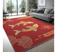 Alfombra Lavable Rojo Chino, Tradicional Coplas del Festival De Primavera Koi Pelo Corto y Antideslizante Alfombra Grande para Habitación Infantil, 160 x 230 cm Suave Franela Alfombras de Área