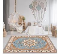 Alfombra Lavables 120 x 180 cm, Suave Antideslizante Pelo Corto No Suelta Pelusa Azul Claro Marrón Alfombras Patrón Tradicional Persa Estampadas, para Habitacion Comedor Dormitorio