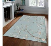 Alfombra Magnolia Blanca Vintage Lavable Flores Pájaros 240x300cm | Alfombra antideslizante de pelo bajo de Cherry Blossom Birds para decorar la cocina del salón