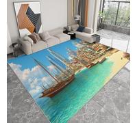 Alfombra Moderna 100 x 160 cm Lavable a Máquina, Alfombra de Pelo Corto Antideslizante Multicolor - Moqueta Resistente Costero Playa Veleros Arquitectura para Salón Dormitorio Comedor Sala de Juegos