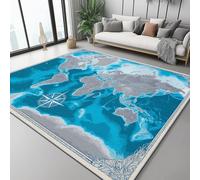 Alfombra Moderna 120 X 170 Cm Diseño Geografía Brújula Mapa del Mundo Azul Gris, Tapete Lavable A Máquina Antideslizante, Pelo Corto Suave para Dormitorio, Comedor, Sala O Pasillo