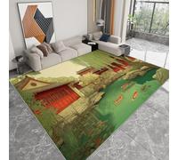 Alfombra Moderna 140 x 200 cm Lavable a Máquina, Alfombra de Pelo Corto Antideslizante Verde Salvia - Moqueta Resistente Chino Arquitectura Patio Lago para Salón Dormitorio Comedor Sala de Juegos