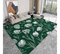 Alfombra Moderna 160 x 230 cm Lavable a Máquina, Alfombra de Pelo Corto Antideslizante Verde Oscuro - Moqueta Resistente Plantas Floral Tulipanes para Salón Dormitorio Comedor Oficina Sala de Juegos